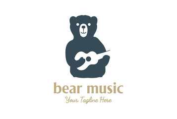 Cute Funny Bear Cartoon with Guitar for Music Instrument Logo Design