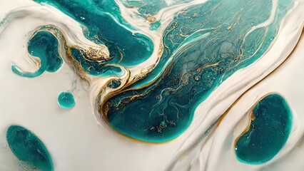 Liquid marble texture. White marble with gold and teal hints. Luxury background. Fashion backdrop. 4K wallpaper. 3D render.