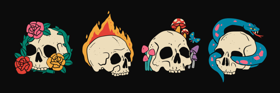 Hand drawn Skulls with roses or peonies, fire, mushrooms, snake. Trendy isolated colorful Vector illustration. Cartoon, vintage style. Poster, tattoo idea, t-shirt print, sticker, logo design template