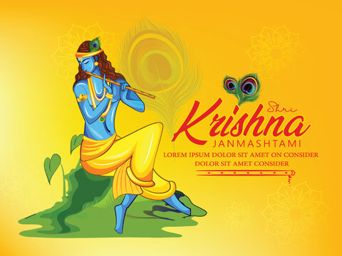 Janmashtami, Gokulashtami, illustration of Lord Krishna hand playing bansuri (flute) with Dahi Handi and peacock feather, Happy Janmashtami 