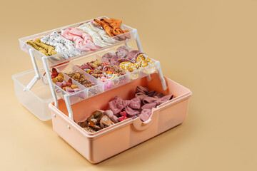 Organizer with fashion hair bows, hairpins and hair elastics. Organizing and Storage Ideas. Baby Girl hair accessory. Hairstyles for girls with bows.