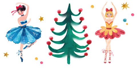Fototapeta na wymiar Watercolor Christmas set. Character for The Nutcracker. Ballerina. Spruce and holiday tree. Hand-drawn illustration