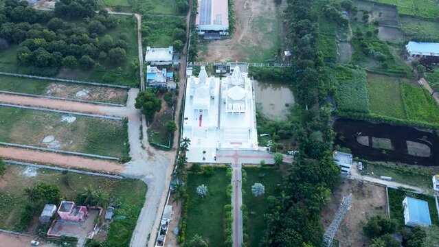 Tirupati, Sri Brahmrishi Ashram, India 8th August 2022: A drone shot of a beautiful Indian Hindu temple. Devi Devta. Indian Gods. Laxmi Narayan and Jain temple side by side. 