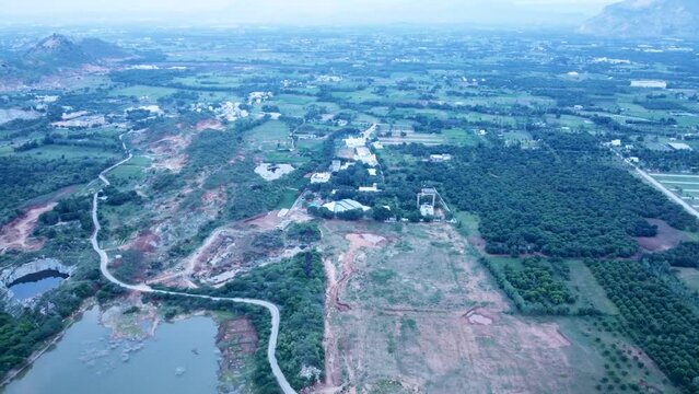 Tirupati, Sri Brahmrishi Ashram, India 8th August 2022: A drone shot of a beautiful Indian Hindu temple. Devi Devta. Indian Gods. Laxmi Narayan and Jain temple side by side. 