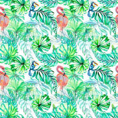 Tropical birds and palm leaves watercolor seamless pattern on white background © Ekaterina Lanbina