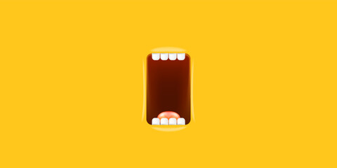 Vector Cartoon wide open mouth isolated on orange background. Funny and cute Halloween Monster open mouth with big white teeth and pink tongue