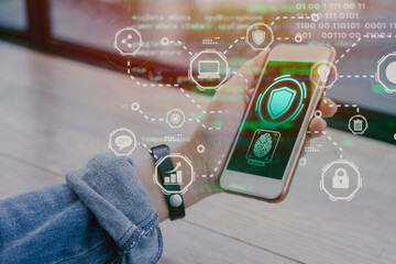 smartphone security access protection concept. phone hacking from internet intruder digital cyber attack anti virus system.