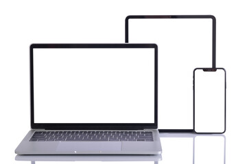 Laptop isolate and tablet isolate and mobile phone behide with empty space on white background