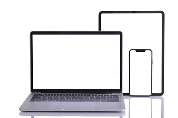 Laptop isolate and tablet isolate and mobile phone behide with empty space on white background