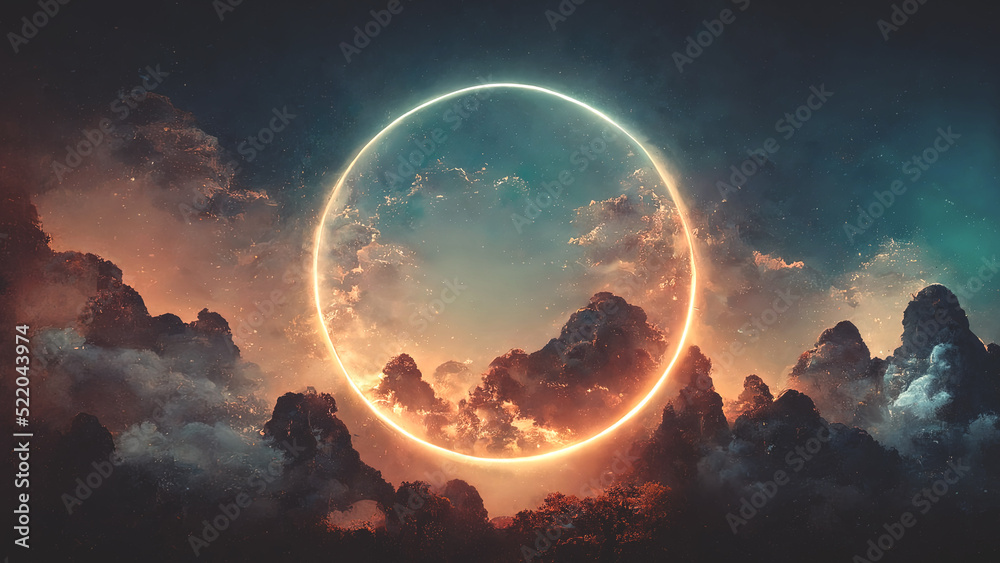 Wall mural abstract fantasy neon space landscape. star nebulae, month and moon, mountains, fog. unreal fantasy 