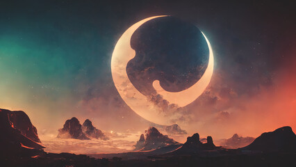 Abstract fantasy neon space landscape. Star nebulae, month and moon, mountains, fog. Unreal fantasy world. Silhouettes, horoscope, zodiac signs. 3D illustration.