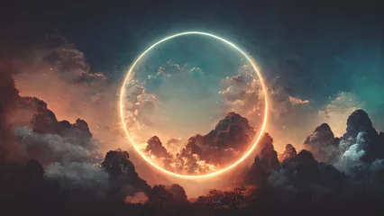 Foto op Plexiglas Abstract fantasie neon ruimtelandschap. Sternevels, maand en maan, bergen, mist. Onwerkelijke fantasiewereld. Silhouetten, horoscoop, sterrenbeelden. 3D illustratie. © Terablete