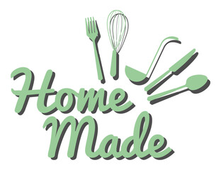 home made. hand drawn positive lettering phrase about kitchen and bakery isolated on the white background. kitchen tools fork spoon knife rolling pin ladle board for cutting culinary banner