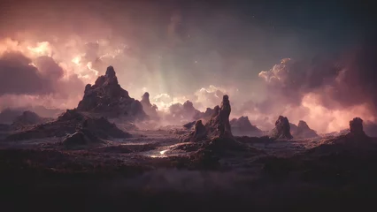 Abstract fantasy neon space landscape. Star nebulae, month and moon, mountains, fog. Unreal fantasy world. Silhouettes, horoscope, zodiac signs. 3D illustration. © Terablete