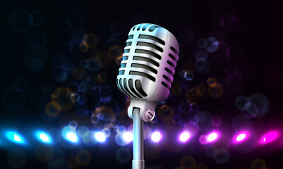 Fototapeta na wymiar 3d realistic vector icon. music microphone vintage old style on concert stage lights background.