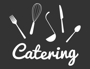 Catering service writing with fork and knife. Cutlery fork and spoon with plants. vector sketch. hand drawing isolated