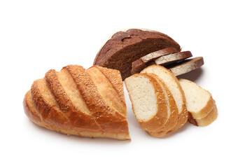 Cut long loaf bread on white background.