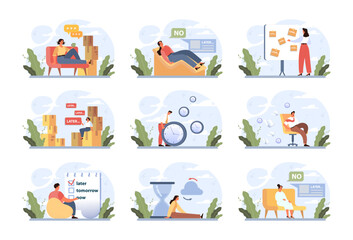 Procrastination concept set. Lazy character laying or sleeping