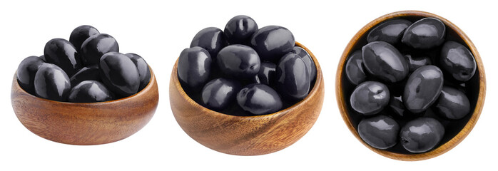 Collection of wooden bowls with black olives, isolated on white background