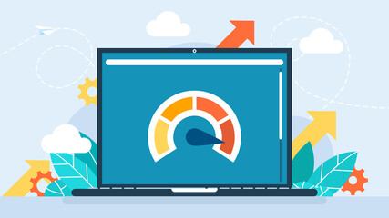 Laptop with speed test on the screen. Website loading optimization Page speed and SEO. Website speed. Loading time. Page optimization. Speed test metering dial. Media content. Flat illustration. © Yurii