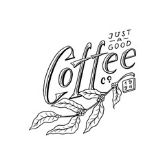 Coffee with leaves logo. Vintage element for the shop menu. Vector illustration. Design decoration collection for badge. Calligraphy style for frames, labels. Engraved hand drawn in old sketch.