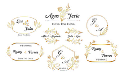 gold frame decor set, vintage calligraphy design and floral leaf with surround shape, invitation template, wedding, greeting card, etc.