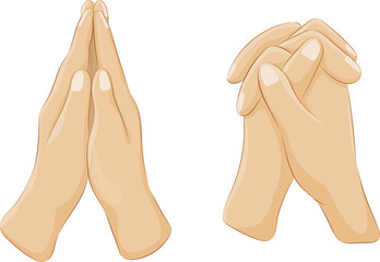 Set of human hands folded in prayer gestures. Human hands praying to god with faith and hope. Religion and holy catholic christian symbols cartoon vector