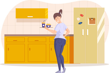 Young woman holding tray with fast food dishes. Happy overweight girl standing in modern kitchen interior. Woman prefers to eat junk food at home. Unhealthy nutrition flat vector