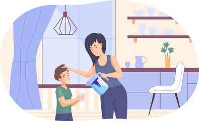 Mom pouring pure water from filter to son at kitchen. Cute boy drinking water at home. Caring mother stroking hair of her son. Parent and child standing on background of cosy room flat vector