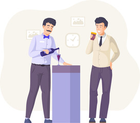 Fototapeta na wymiar Man restaurant sommelier pouring red wine into glass. Man standing with takeaway coffee cup. Male waiter and party visitor characters at corporate party, social event or banquet flat vector