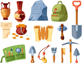 Archaeological inventory tools, finds and ancient artifacts set. Amphora, papyrus, antique pillar, gold coins and instruments for treasures excavation. Archaeology and treasure hunting cartoon vector