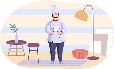 Professional chef cook in uniform standing with knives crossed