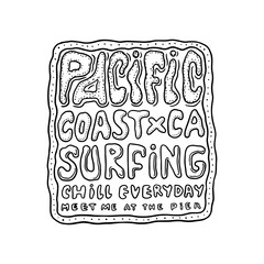 Surfing lettering sign. Summer Surf. Surface water sport. California card. Vintage quote. Engraved emblem hand drawn. Retro poster or banner