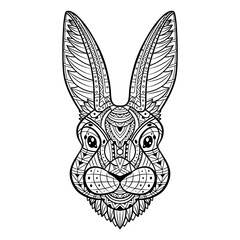 Rabbit head line art coloring. Hare bunny portrait. Line Art. Black and white rabbit. Animal head. Hand-drawn with an ethnic floral pattern. Boho, doodle style. Illustration. Isolated portrait