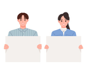 Young man and woman couple holding blank placard paper. Background concept vector illustration for your text.