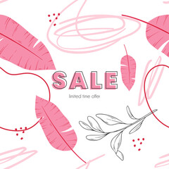 Colored summer banner. Sale. Summer discounts. tropical leaves. Seamless pattern. Hand drawn vector.	