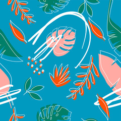 Fototapeta na wymiar Seamless tropical leaves. Wallpaper. Pattern. For banner, postcard and posters. Vector. Hand drawn doodle elements: dots, circles, doodles. 