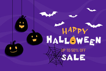 Halloween banner. Hand drawn vector. Halloween background with pumpkins, cobwebs and bats. Happy Halloween. For website, postcard. Sale. Up to 50% off.