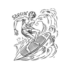 Surfer rides the waves on a board. Summer Surf sign. California card. Vintage Man on the surfboard, beach and sea. Engraved emblem hand drawn.