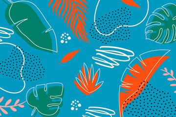 Tropical leaves. Wallpaper. For banner, postcard and posters. Vector. Hand drawn doodle elements: dots, circles, doodles. Modern design.	