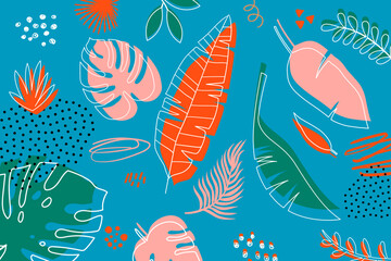 Tropical leaves. Wallpaper. For banner, postcard and posters. Vector. Hand drawn doodle elements: dots, circles, doodles. Modern design.	