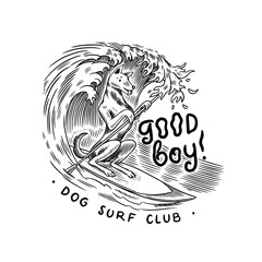 Fototapeta premium The dog rides on a surfboard on the sea waves. Summer surf sign. California card. Vintage hand drawn engraved sketch, emblem.