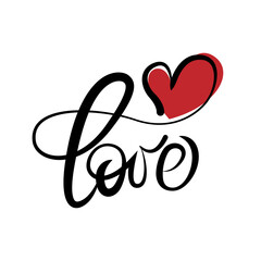 Handwritten inscription LOVE and heart. Happy Valentine's day concept.