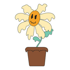 Psychedelic cartoon daisy in the style of the 70s. For prints, postcards, posters. 
