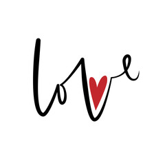 Handwritten inscription LOVE and heart. Happy Valentine's day concept.