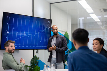 African American businessman leading a meeting with a presentation