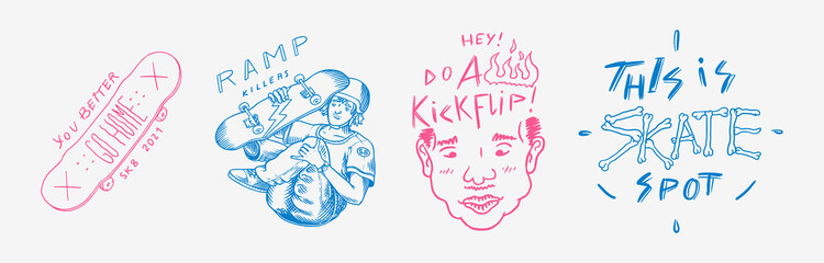 Skateboard shop set. Skeletons ride on the boards. Fiery head and skull. Vintage retro labels and badges for t-shirts and typography. Hand Drawn engraved sketch © artbalitskiy