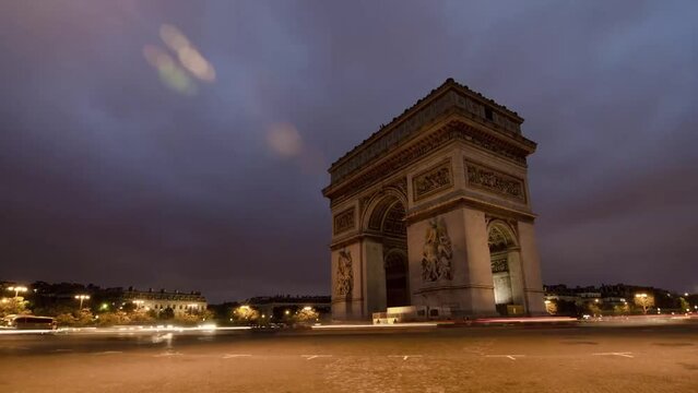 Time-lapse footage of the Arc de Triomphe in Paris, France, during different times of the day