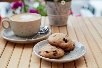 Homemade natural no sugar cranberry cookies on the plate and cappuccino in white ceramic cup on wooden table at the terrace outside. Aesthetic breakfast in cafe.