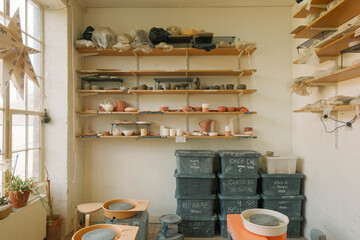 In the ceramic studio. Photo of the wall-mounted shelves filled with ceramic pieces. Throwing wheels and pottery containers.